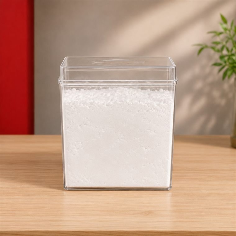 Pote de creatina com dosador, sobre a bancada da loja