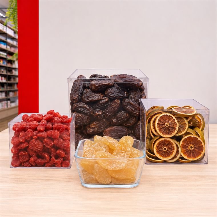 Potes de frutas secas com damasco, ameixa, banana-passa e uva-passa