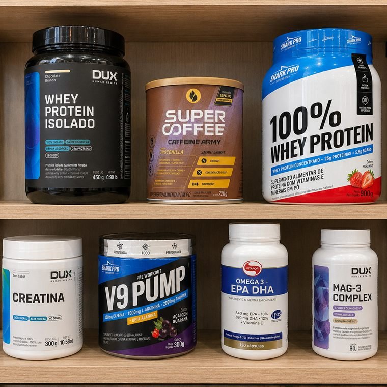 Prateleira com potes de whey, creatina e cápsulas de suplemento
