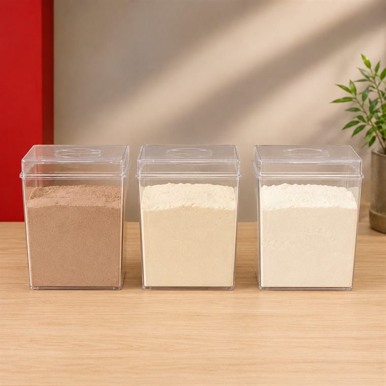 Pote de whey protein com dosador, sobre a bancada da loja